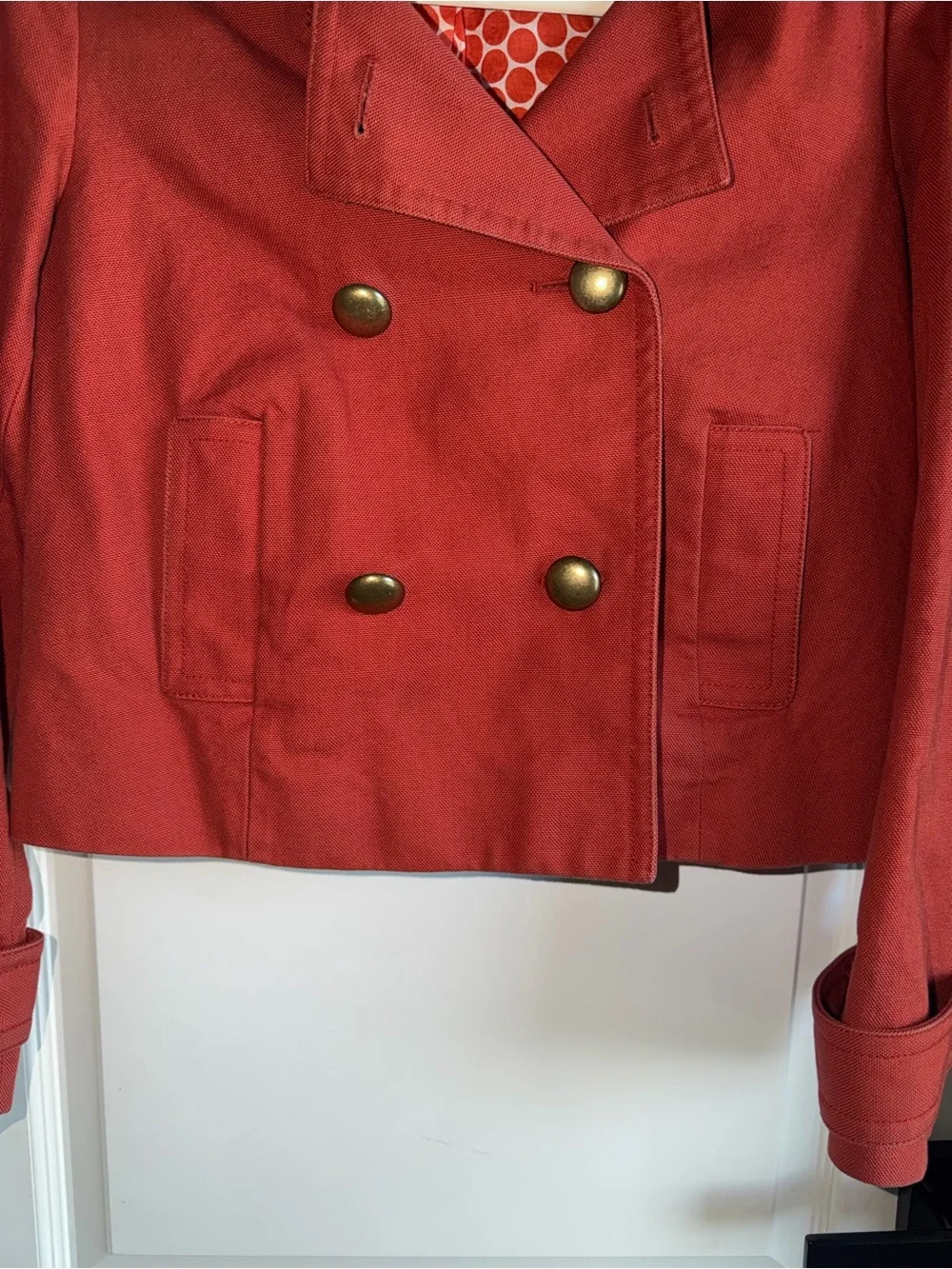 J.Crew Cropped Peacoat Jacket Size 6 Red Orange Cotton Double Breasted Preppy - Picture 2 of 6